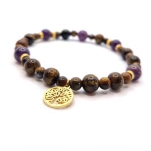 damska bransoletka z kamieniami tygrysie oko i ametyst ze złotymi przekładkami i zawieszką drzewo życia