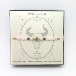 Bransoletka dla Byka z kwarcem różowym i malachitem, wykonana ze stali chirurgicznej w kolorze złotym.