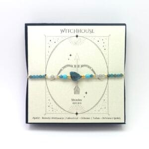 Bransoletka zodiakalna dla znaku zodiaku Strzelec z apatytem i turkusem, wykonana ze stali chirurgicznej w kolorze złotym.