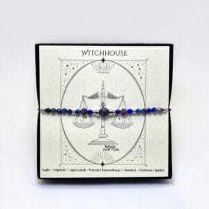 Bransoletka zodiakalna dla znaku Waga z kamieniami: szafir i ametyst w ozdobnym pudełku Witchhouse.