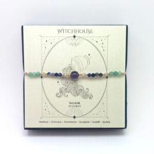 Bransoletka dla Wodnika z ametystem i awenturynem, wykonana ze stali chirurgicznej w kolorze złotym.