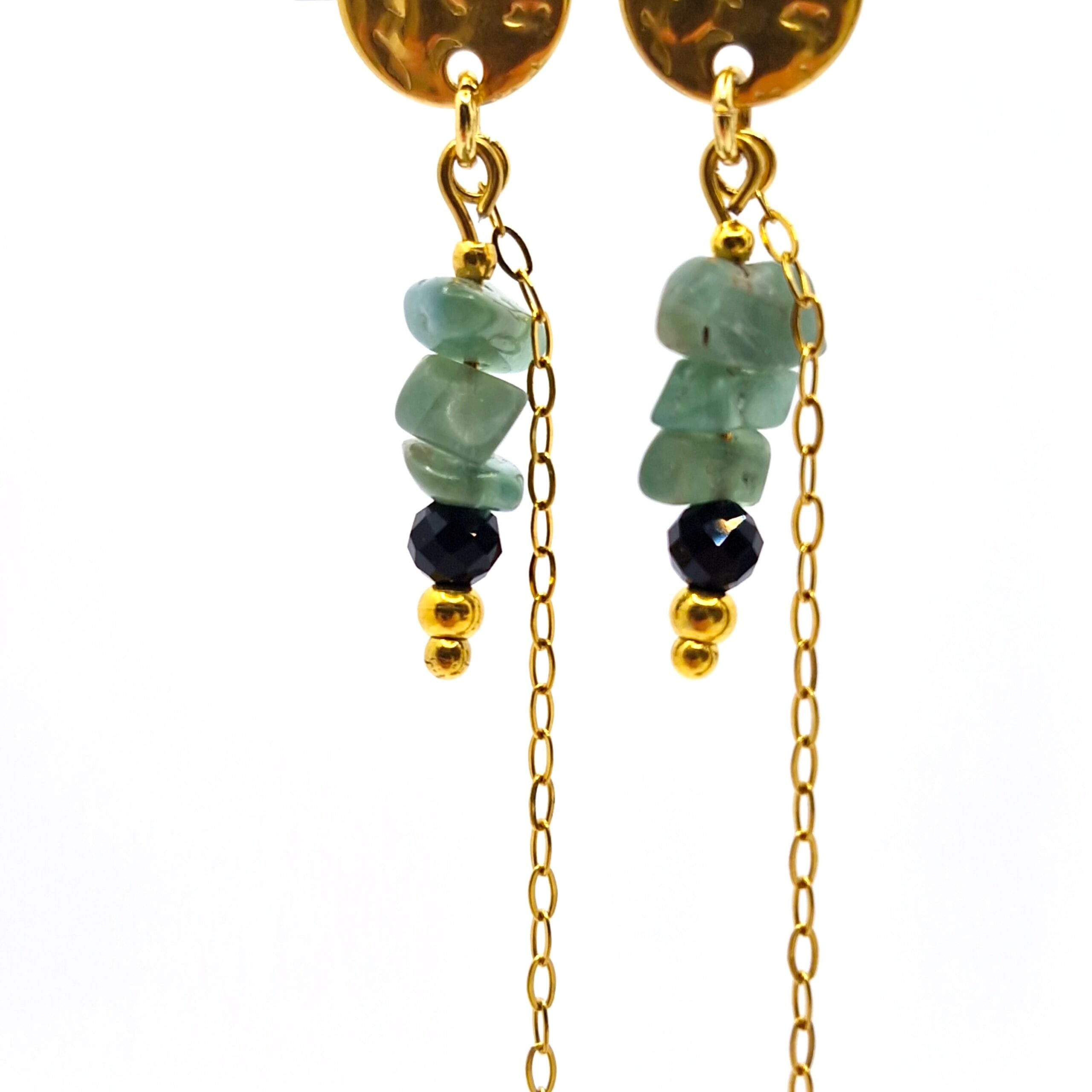 Zbliżenie na fakturowane złotego koloru blaszki i naturalne bryłki zielonego kwarcu zawieszone na subtelnym łańcuszku.