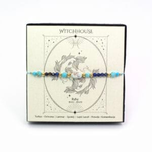 Bransoletka intencyjna dla Ryb na błękitnym sznurku z kamieniami turkus, larimar i lapis lazuli oraz złotymi dodatkami ze stali chirurgicznej.